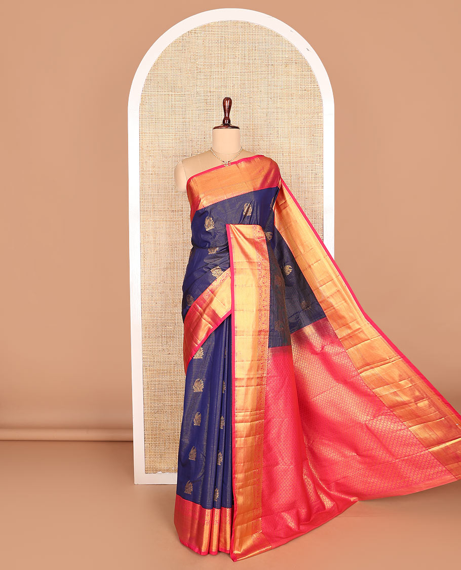 Blue zari stripes, and zari buttas budget silk saree, contrast traditional zari design border, and intricate pallu
