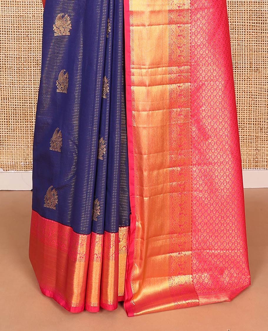 Blue zari stripes, and zari buttas budget silk saree, contrast traditional zari design border, and intricate pallu