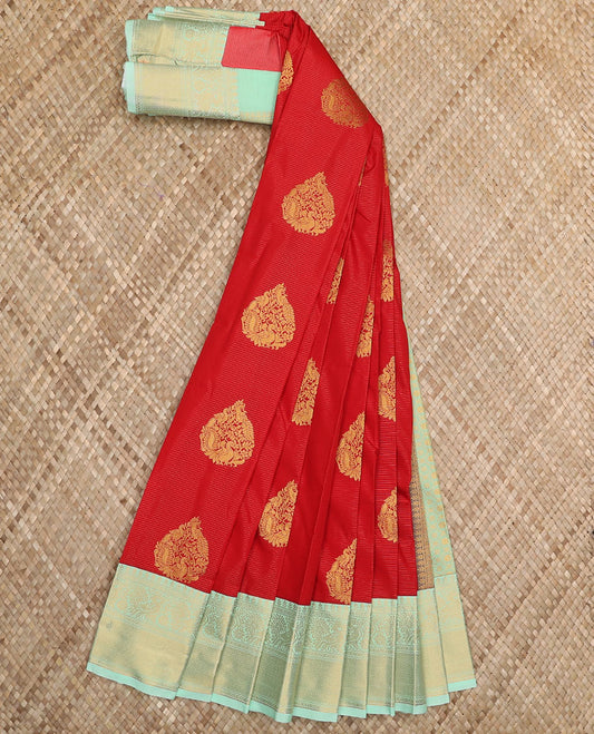 Red peacock buttas and striped budget silk saree, contrast traditional zari border, and intricately woven pallu