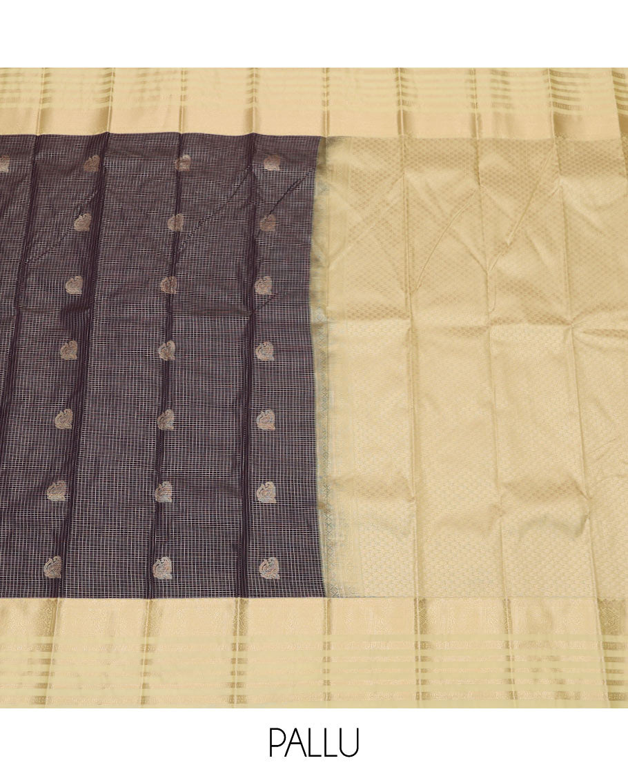 Blue Budget Silk Saree Features Zari Buttas and Micro-Checks, Complemented by a Contrast Traditional Zari Border, Intricately Zari-Designed Pallu of Jaal Design, and a Contrast Zari-Bordered Blouse