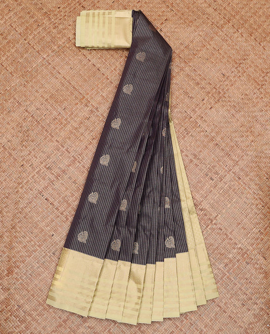 Blue Budget Silk Saree Features Zari Buttas and Micro-Checks, Complemented by a Contrast Traditional Zari Border, Intricately Zari-Designed Pallu of Jaal Design, and a Contrast Zari-Bordered Blouse