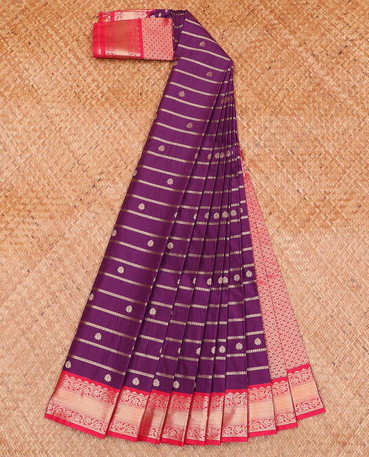 Purple Budget Silk Saree, Masterfully Woven with Zari Buttas and Zari Stripes on Its Body, Complemented by a Contrast Traditional Zari Border, Pallu of Jaal Designs, and Paired with a Contrast Blouse