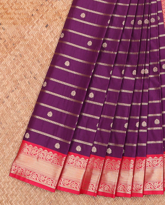 Purple Budget Silk Saree, Masterfully Woven with Zari Buttas and Zari Stripes on Its Body, Complemented by a Contrast Traditional Zari Border, Pallu of Jaal Designs, and Paired with a Contrast Blouse