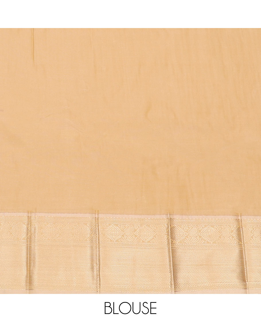 Green Budget Silk Saree Embellished with Peacock Chakram Buttas and Micro-Checks, Complemented by a Contrast Traditional Zari Motifs Woven Border, Subtle Pallu, and Paired with a Contrast Blouse
