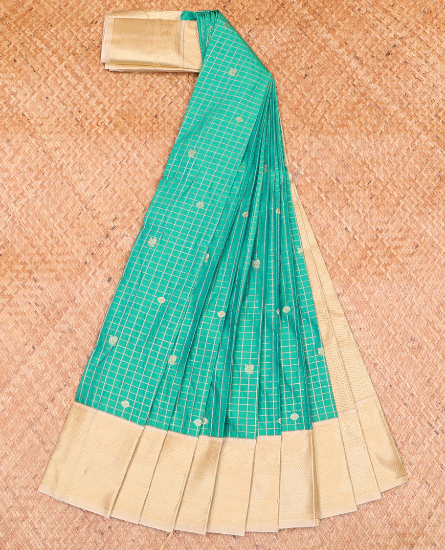 Green Budget Silk Saree Embellished with Peacock Chakram Buttas and Micro-Checks, Complemented by a Contrast Traditional Zari Motifs Woven Border, Subtle Pallu, and Paired with a Contrast Blouse