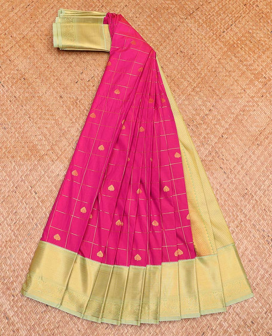 Pink Budget Silk Saree, Spotlighted with Zari Butta Enclosed Checked Design All Over Its Body, Complemented by a Contrast Traditional Zari Design Border of Peacock Designs, Grand Jaal Pallu, and Paired with a Contrast Blouse