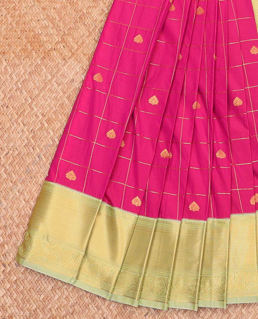 Pink Budget Silk Saree, Spotlighted with Zari Butta Enclosed Checked Design All Over Its Body, Complemented by a Contrast Traditional Zari Design Border of Peacock Designs, Grand Jaal Pallu, and Paired with a Contrast Blouse