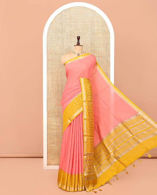 Pink Plain Assam Silk Saree, Complemented by a Contrast Traditional Design Border, Zari-Design Pallu, and a Contrast Blouse
