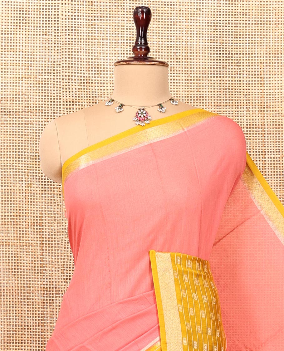 Pink Plain Assam Silk Saree, Complemented by a Contrast Traditional Design Border, Zari-Design Pallu, and a Contrast Blouse