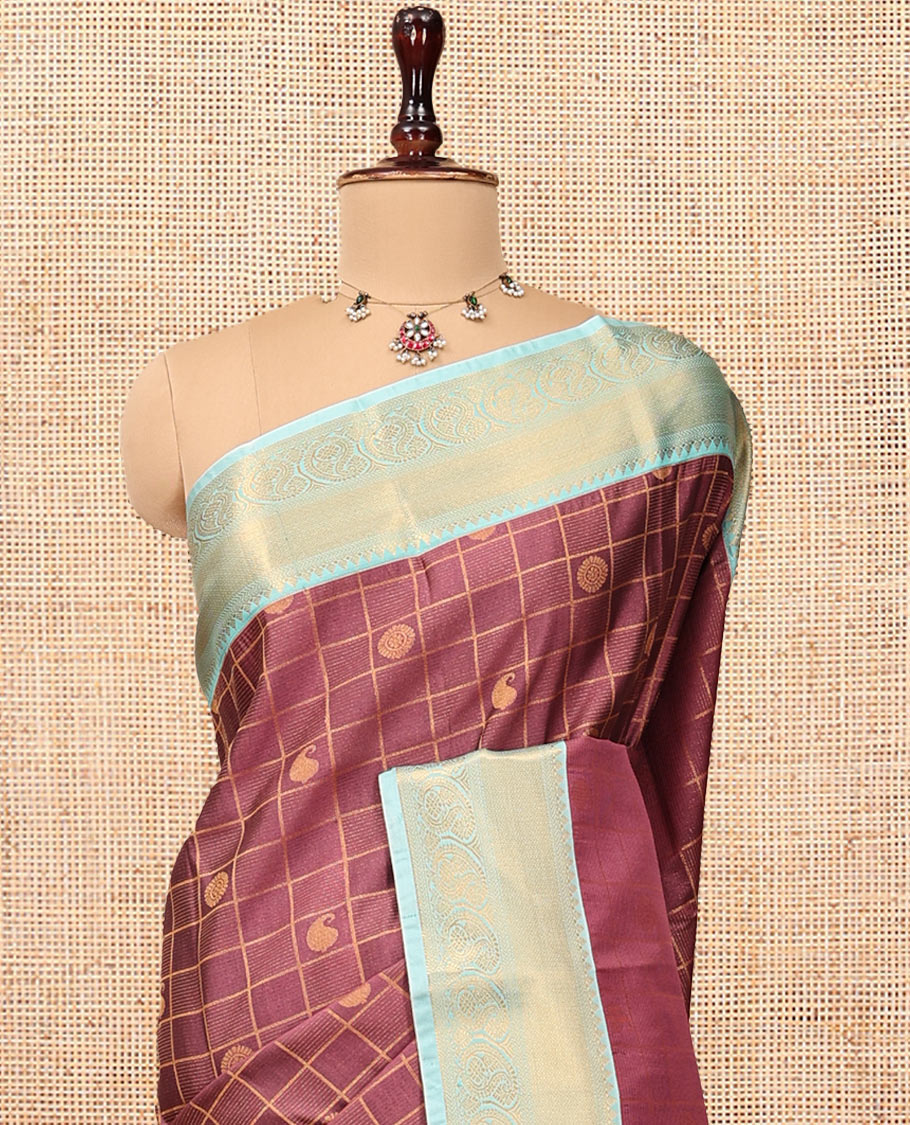 Brown Budget Silk Saree, Woven with Butta Enclosed Checks, Contrast Traditional Zari Border, Intricate Pallu, and a Contrast Blouse