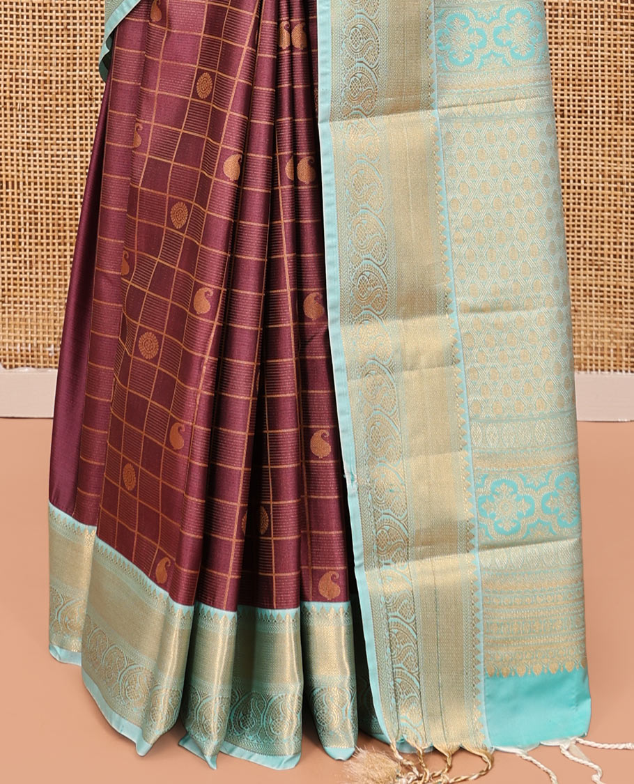Brown Budget Silk Saree, Woven with Butta Enclosed Checks, Contrast Traditional Zari Border, Intricate Pallu, and a Contrast Blouse