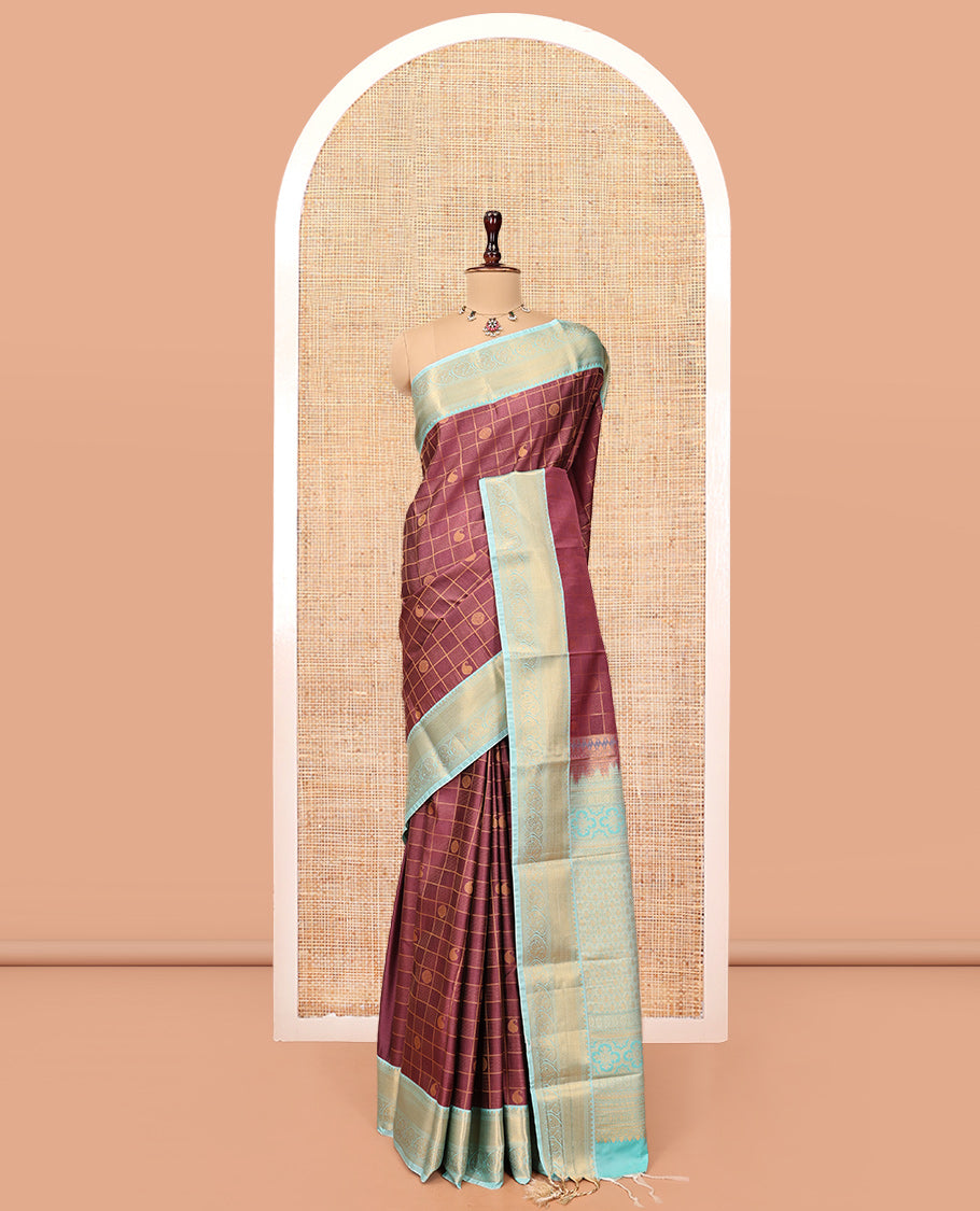 Brown Budget Silk Saree, Woven with Butta Enclosed Checks, Contrast Traditional Zari Border, Intricate Pallu, and a Contrast Blouse