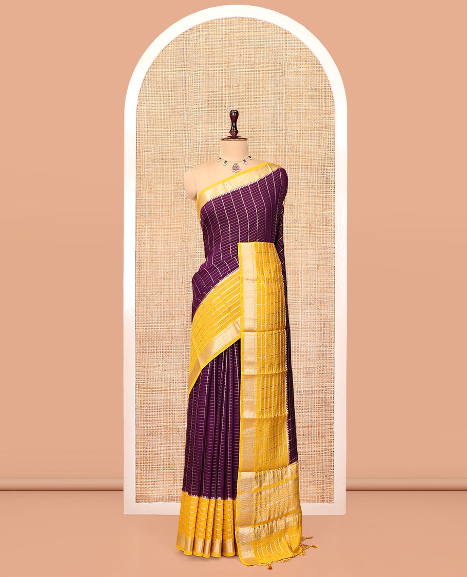 Purple Assam Silk Saree, Richly Detailed with Zari Checks, Complemented by a Contrast Traditional Zari Border, Zari Striped Pallu, and a Contrast Blouse