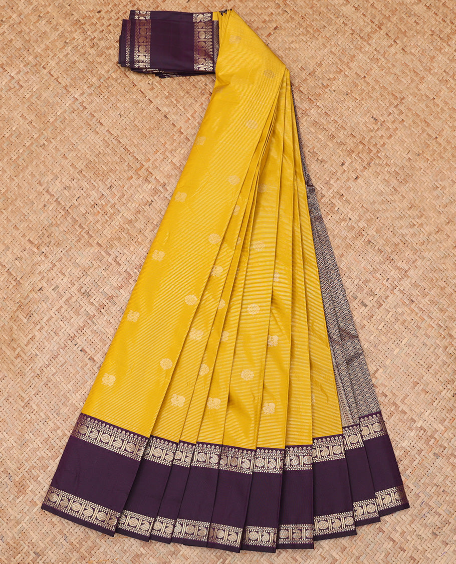 Yellow Budget Silk Saree, Sparsely Woven with Peacock-Chakram Buttas and Stripes, a Contrast Traditional Zari Rettai Pettu Border, Grand Pallu, and a Contrast Blouse
