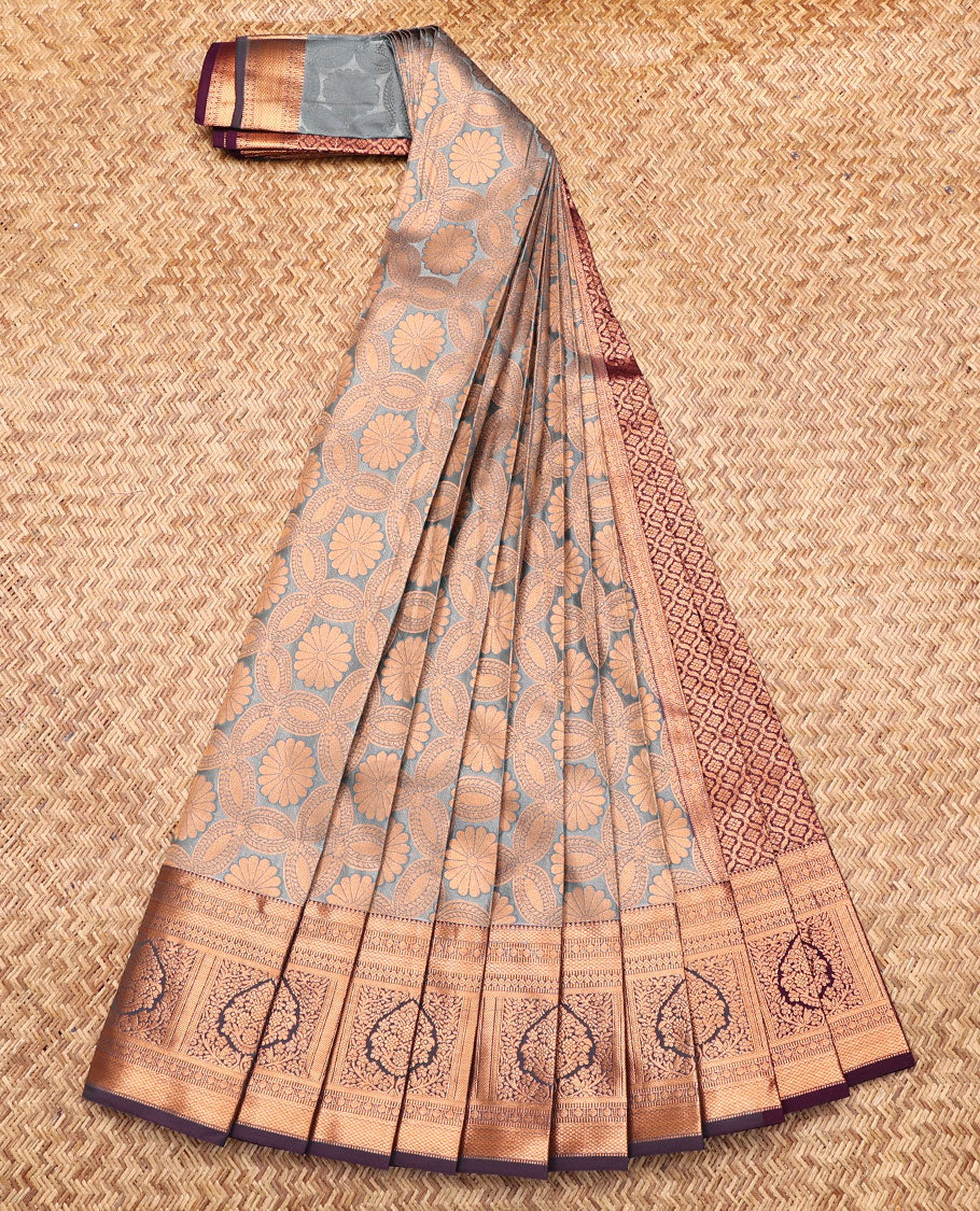 Grey Budget Silk Saree, Enriched with Jacquard, Complemented by Contrast Paisley Zari Border, Grand Jaal Pallu, and a Contrast Blouse