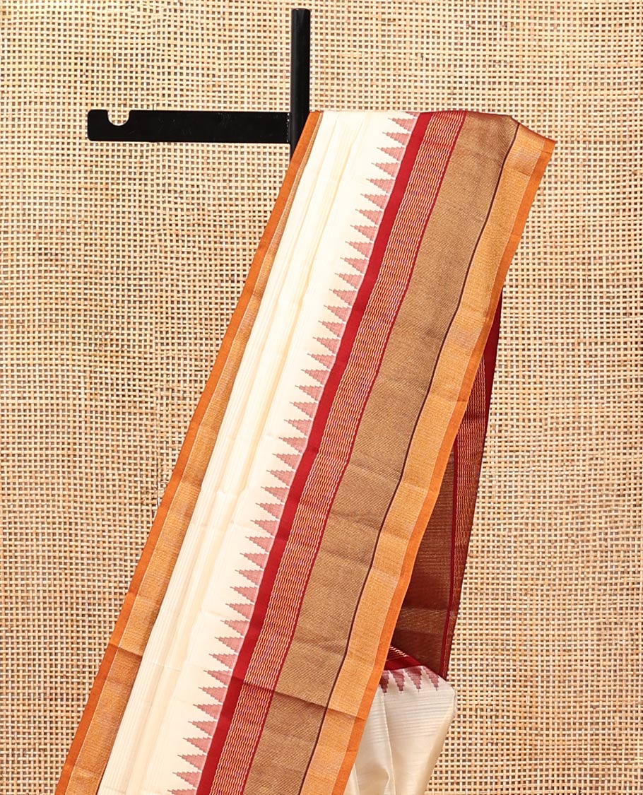 Cream-Striped Bangalore Silk Saree, Complemented by a Contrast Temple Geometric Border, Pallu of Temple and Neli Designs, and a Contrast Blouse