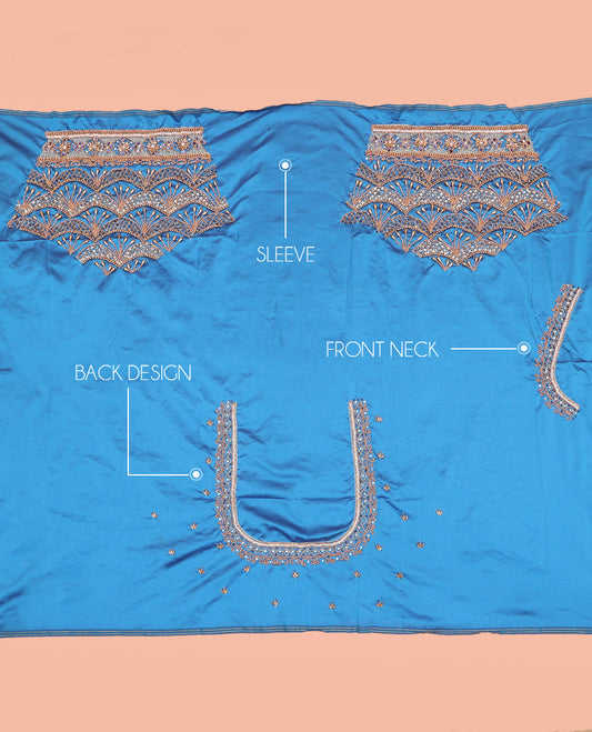 Blue Aari Material Blouse Adorned with Scallop Designs in Sugar Bead and Zarkan Stone Mixed Embroidery