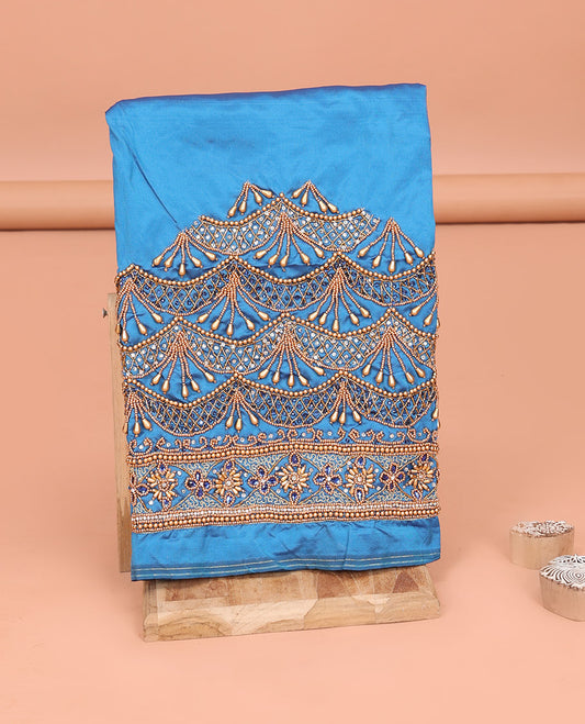Blue Aari Material Blouse Adorned with Scallop Designs in Sugar Bead and Zarkan Stone Mixed Embroidery