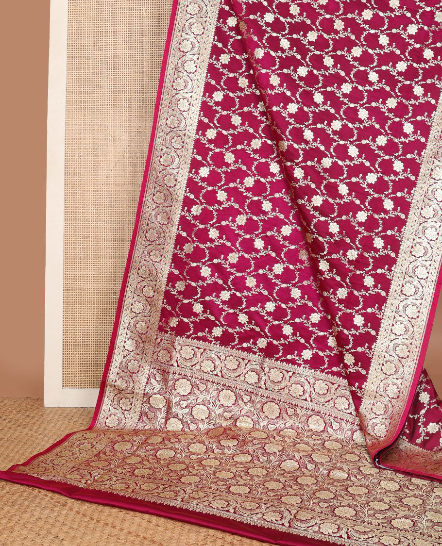Purple floral jaal design semi banaras nylon saree with self floral zari design border & floral design pallu
