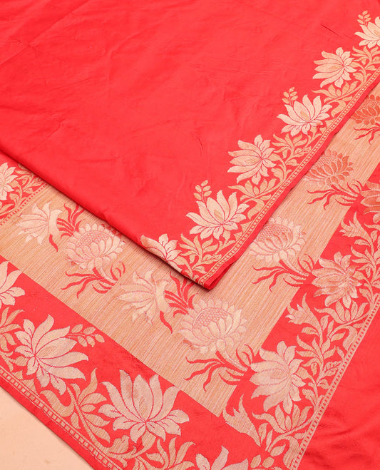 Red plain kathan silk saree, lotus floral creeper border, and lotus floral design pallu