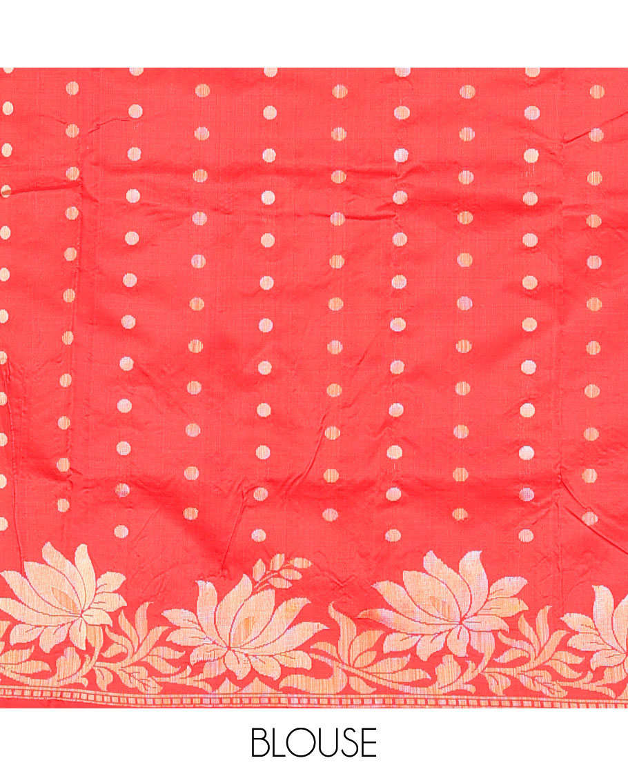 Red plain kathan silk saree, lotus floral creeper border, and lotus floral design pallu