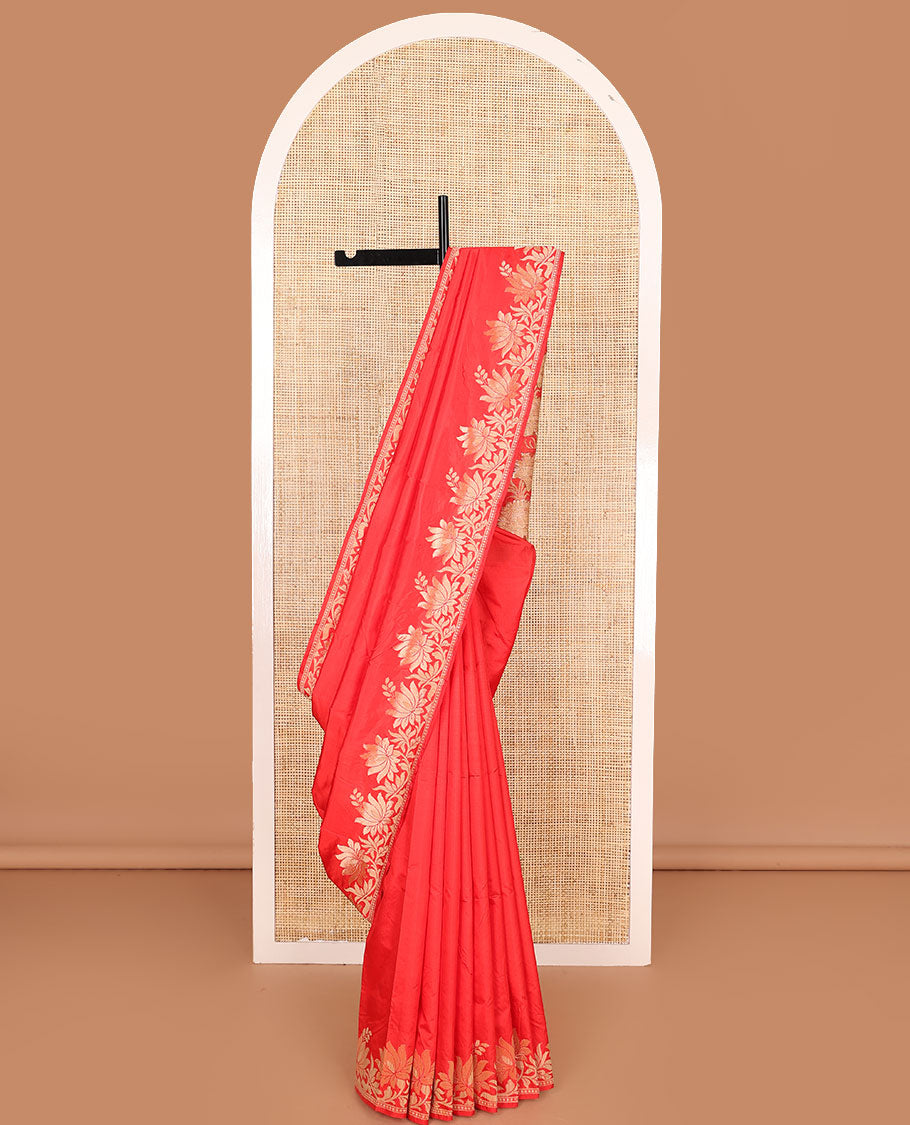 Red plain kathan silk saree, lotus floral creeper border, and lotus floral design pallu