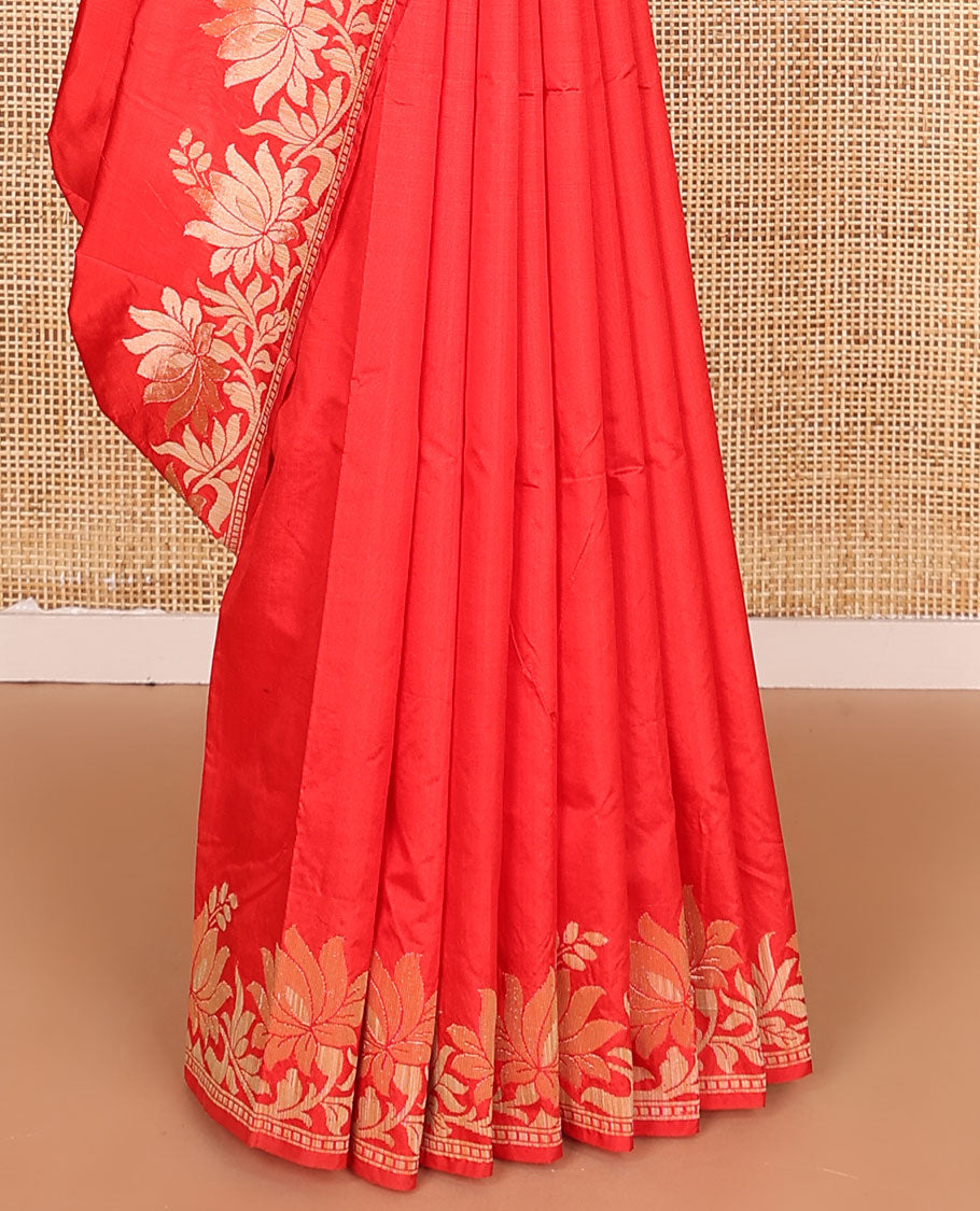 Red plain kathan silk saree, lotus floral creeper border, and lotus floral design pallu