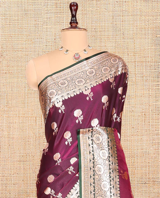 Purple Banarasi Nylon Saree, Ornamented with Floral Buttas, Contrast Floral Creeper Zari Border, Intricate Pallu, and a Contrast Blouse