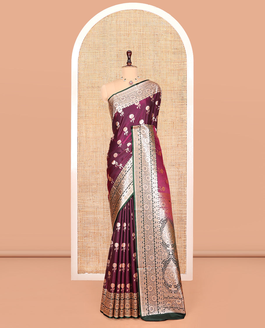 Purple Banarasi Nylon Saree, Ornamented with Floral Buttas, Contrast Floral Creeper Zari Border, Intricate Pallu, and a Contrast Blouse