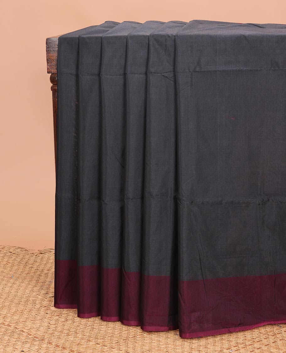 Elephant grey plain semi-silk cotton saree, contrast plain border, and pallu