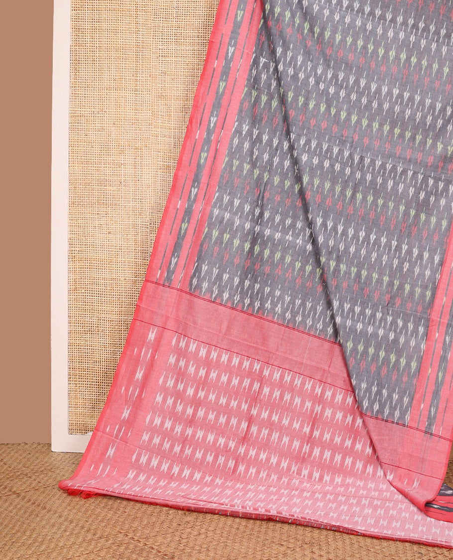 Grey unique buttas woven ikkat cotton saree, contrast ikkat buttas woven border, and pallu of buttas