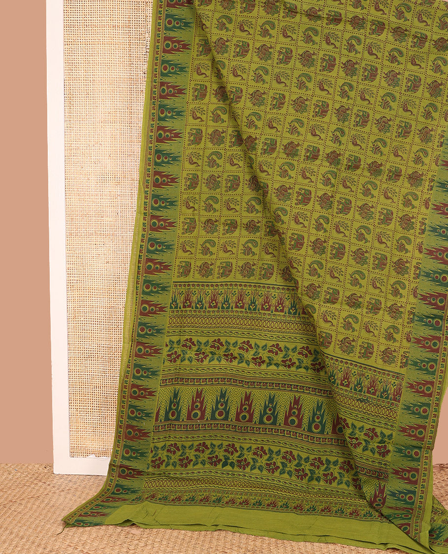 Green Sungudi Cotton Saree Creatively Printed with Animal Butta Enclosed Checks, Adorned with Temple Elephant Motif Border, and Artfully Printed Pallu