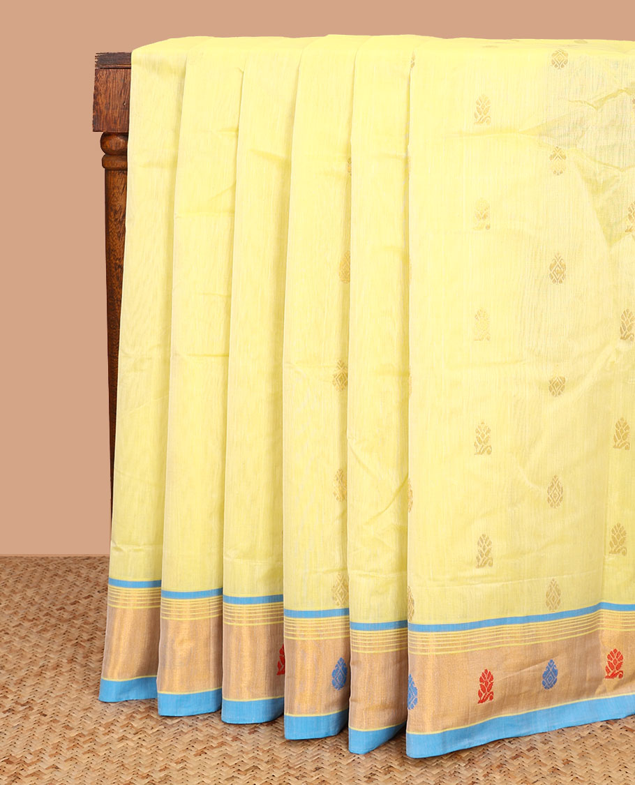 Yellow zari buttas Venkatagiri cotton saree with contrast zari and thread border, and pallu of zari stripes