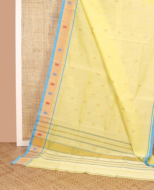 Yellow zari buttas Venkatagiri cotton saree with contrast zari and thread border, and pallu of zari stripes