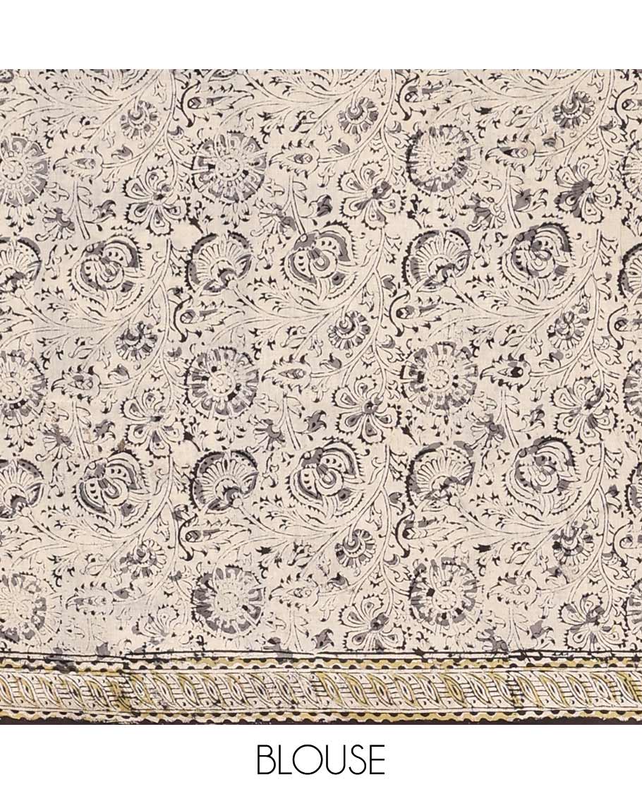 Black floral vine machine-printed Kalamkari cotton saree, geometric printed border, and pallu of floral print