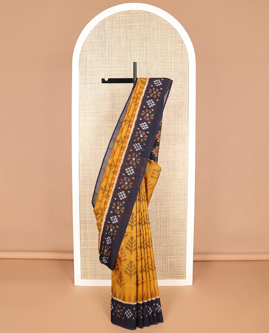 Mustard floral motifs ikkat cotton saree with contrast floral border & geometric design pallu