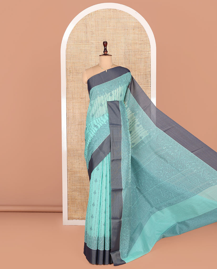 Blue Semi-Silk Cotton Saree, Adorned with Stripes and Buttas All Over Its Body, Complemented by Contrast Border, Pallu of Intricate Designs, and Paired with a Matching Blouse