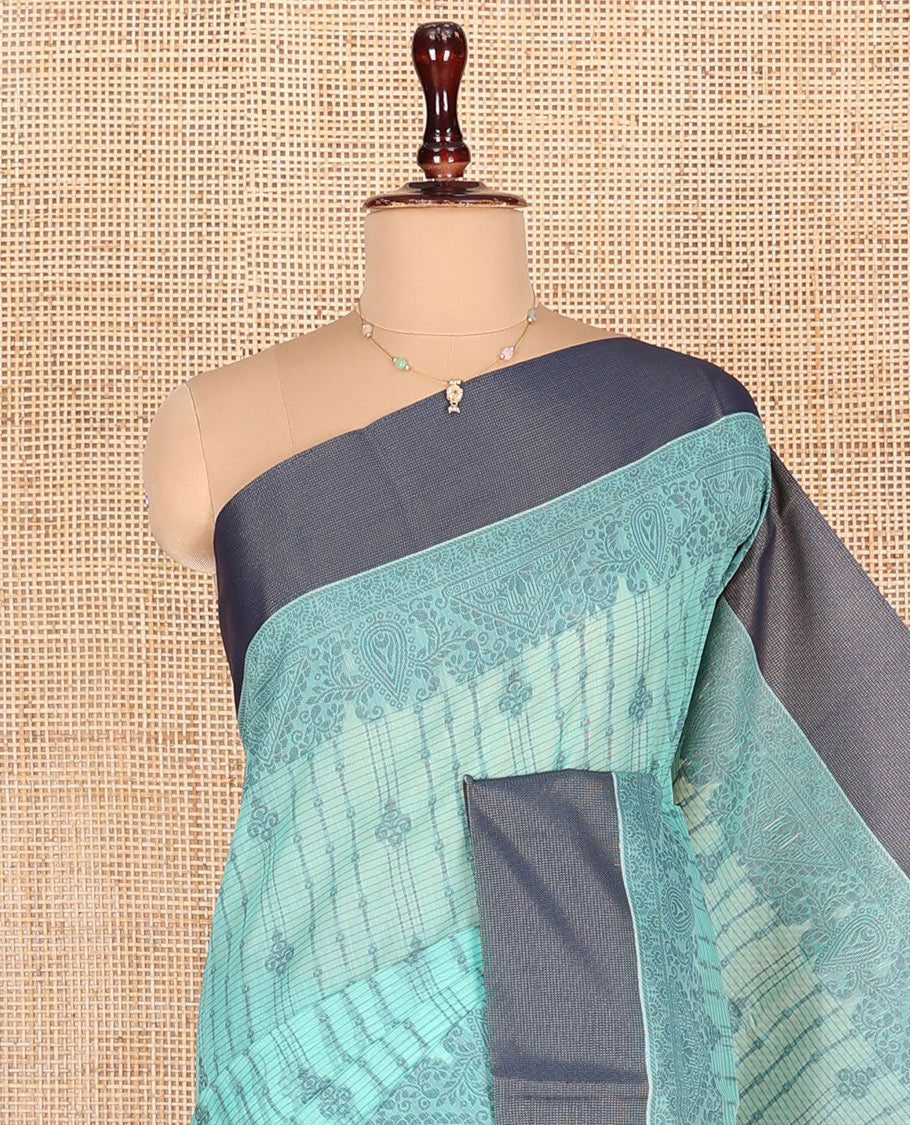 Blue Semi-Silk Cotton Saree, Adorned with Stripes and Buttas All Over Its Body, Complemented by Contrast Border, Pallu of Intricate Designs, and Paired with a Matching Blouse