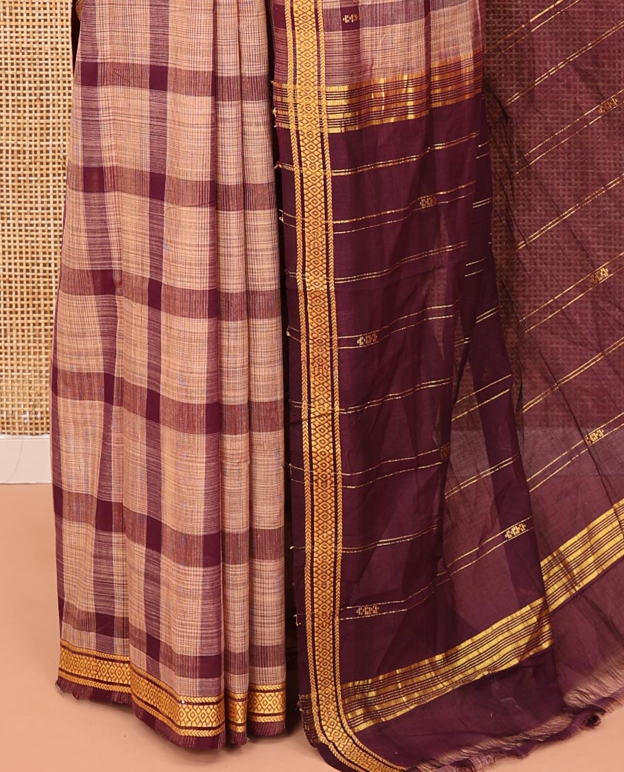 Maroon Andhra Cotton Saree, Delicately Woven with Big Checked Design All Over Its Body, Subtly Sparked with a Traditional Border, Pallu of Stripes, and Paired with a Matching Blouse