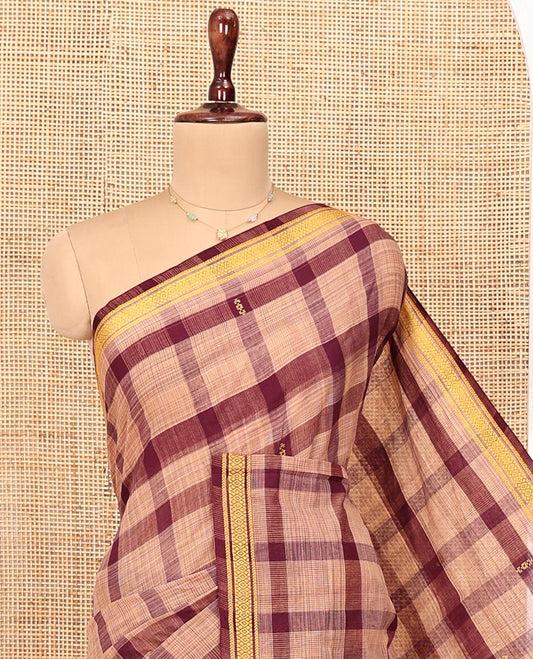 Maroon Andhra Cotton Saree, Delicately Woven with Big Checked Design All Over Its Body, Subtly Sparked with a Traditional Border, Pallu of Stripes, and Paired with a Matching Blouse