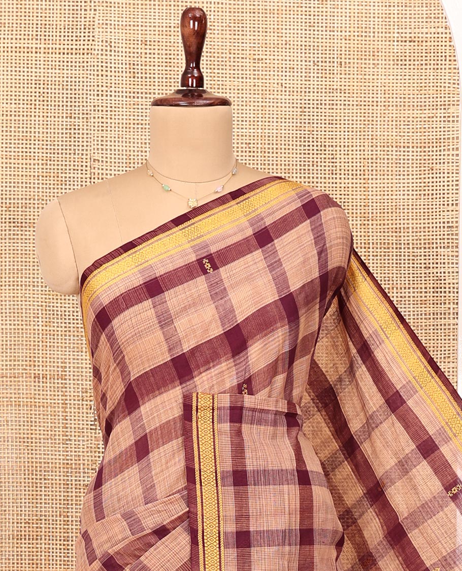Maroon Andhra Cotton Saree, Delicately Woven with Big Checked Design All Over Its Body, Subtly Sparked with a Traditional Border, Pallu of Stripes, and Paired with a Matching Blouse
