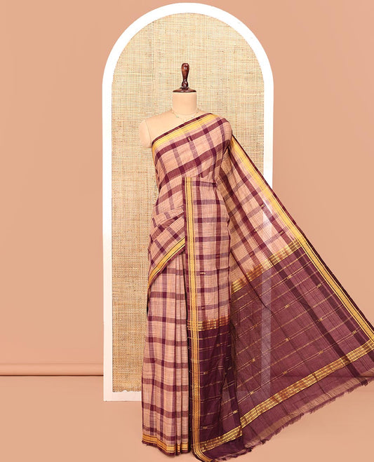 Maroon Andhra Cotton Saree, Delicately Woven with Big Checked Design All Over Its Body, Subtly Sparked with a Traditional Border, Pallu of Stripes, and Paired with a Matching Blouse