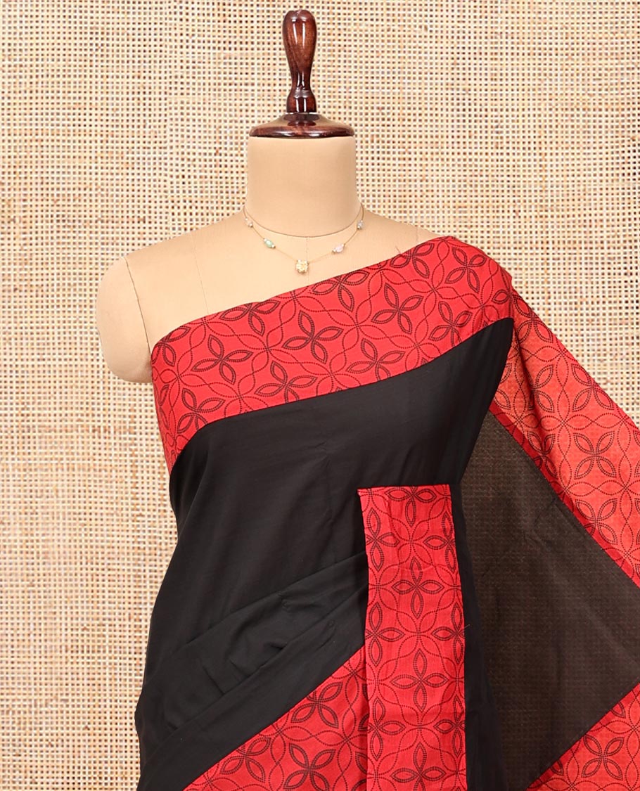 Black Plain Poly Cotton Saree, Complemented by a Contrast Jaal-Printed Border, Pallu, and a Contrast Blouse