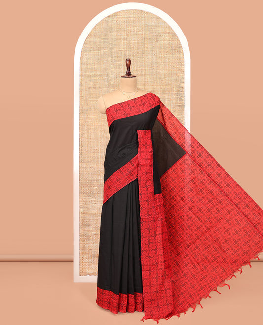 Black Plain Poly Cotton Saree, Complemented by a Contrast Jaal-Printed Border, Pallu, and a Contrast Blouse