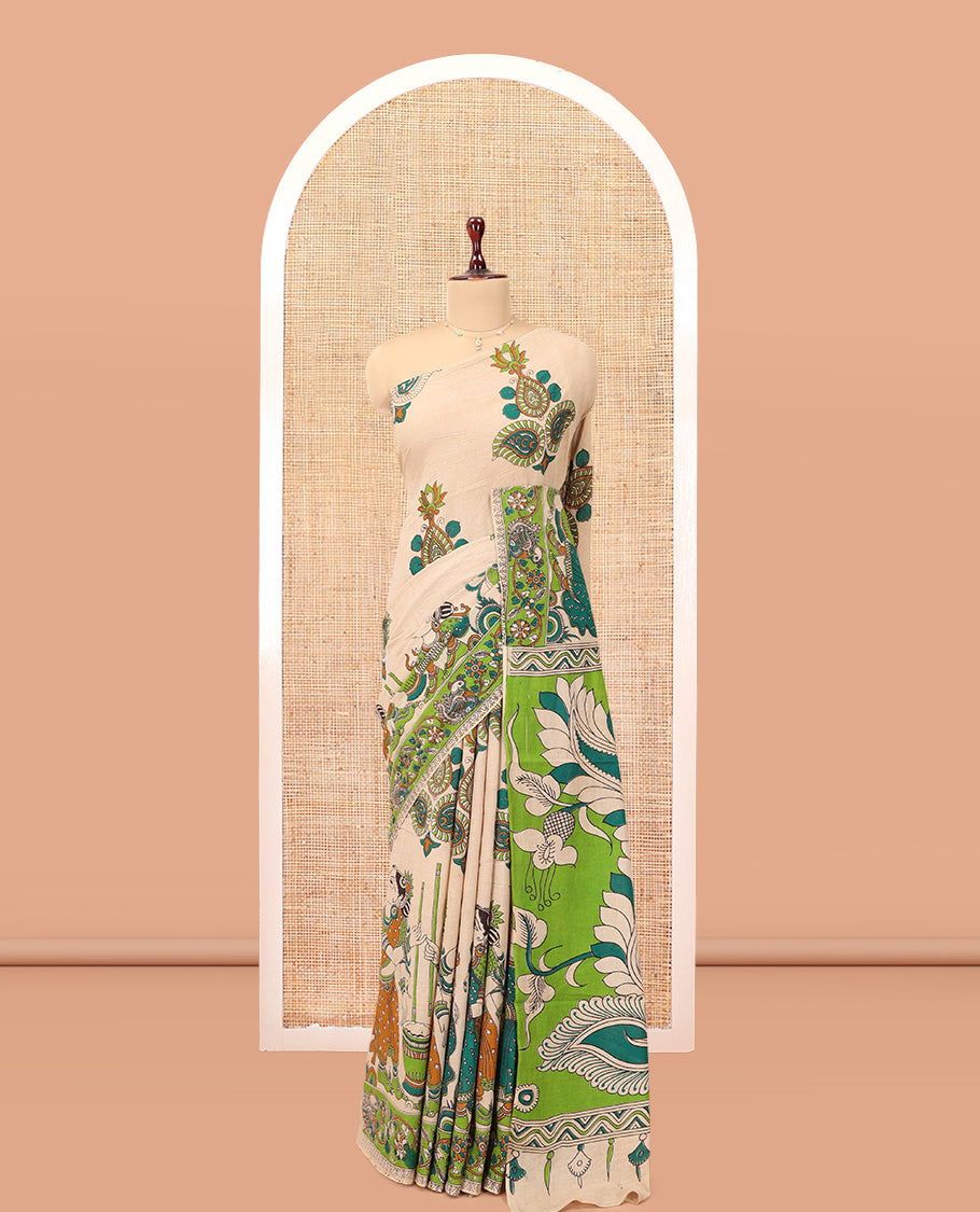Sandal Kalamkari Cotton Saree, Accentuated with Ancient Human Motif Print, Contrast Printed Border, Kalamkari Peacock Motifs Pallu, and a Matching Blouse