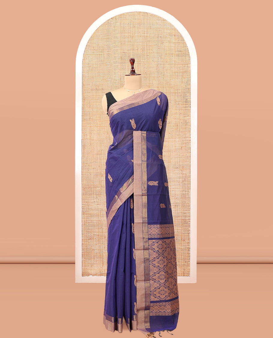 Ink Blue Kanchi Cotton Saree, Woven with Thread Buttas, a Contrast Border, Pallu of Intricate Design, and a Matching Blouse