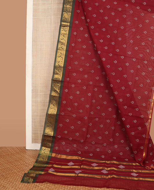 Maroon floral motifs printed Andhra cotton saree, contrast floral creeper zari border & pallu of diamond print & zari stripes