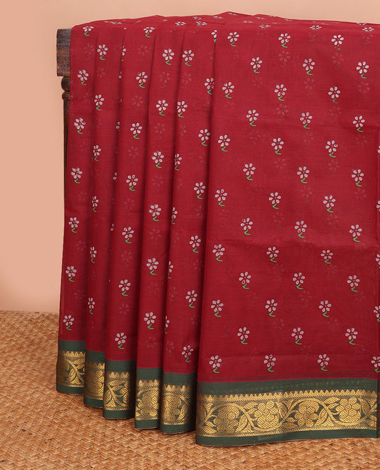 Maroon floral motifs printed Andhra cotton saree, contrast floral creeper zari border & pallu of diamond print & zari stripes