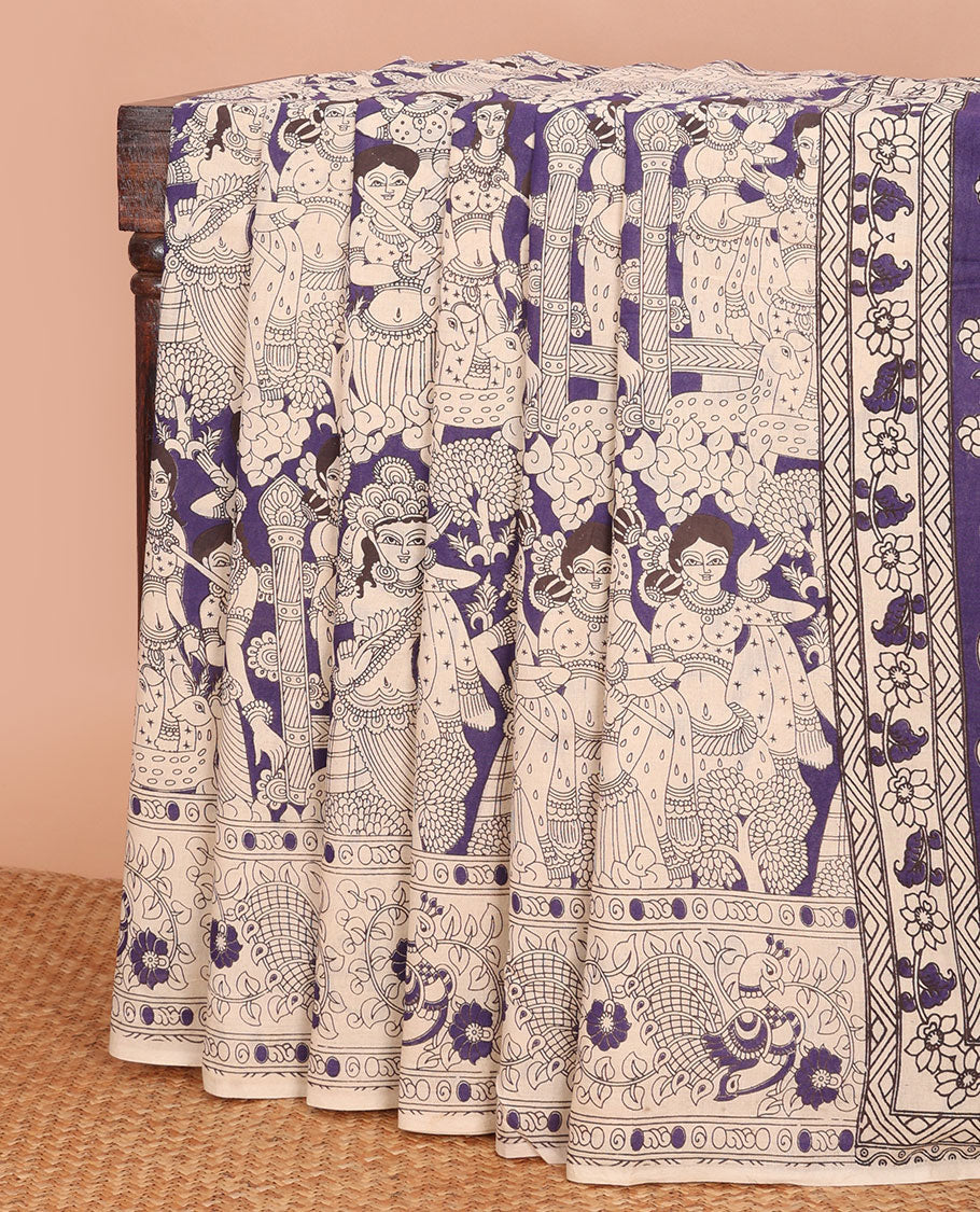 Ink blue human motifs machine-printed kalamkari cotton saree, peacock printed border & pallu of Pichwai cow & Radha Krishna print