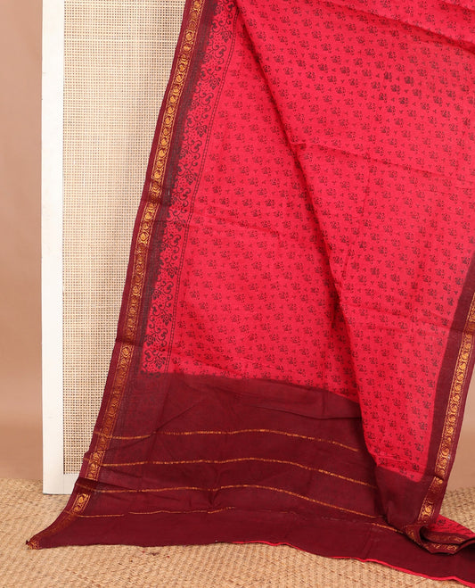Bright pink unique motifs printed Sungudi cotton saree, contrast traditional zari border & zari striped pallu